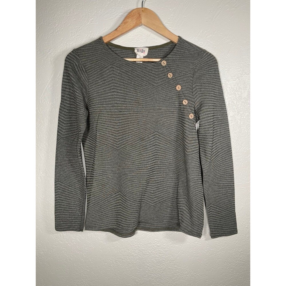 BiBi Long Sleeve Top Chevron Stripe Button Detail Green Small Preowned